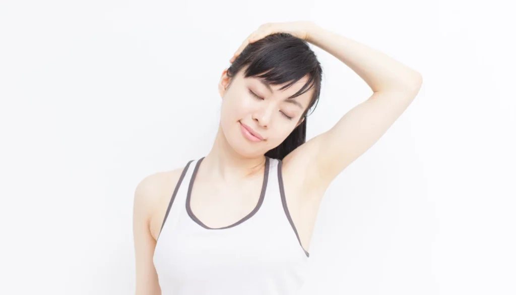 A lady performs a eye movement and neck relax