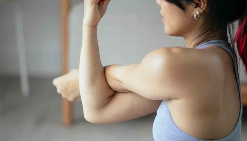 A lady performs a shoulder and hip coordination pose